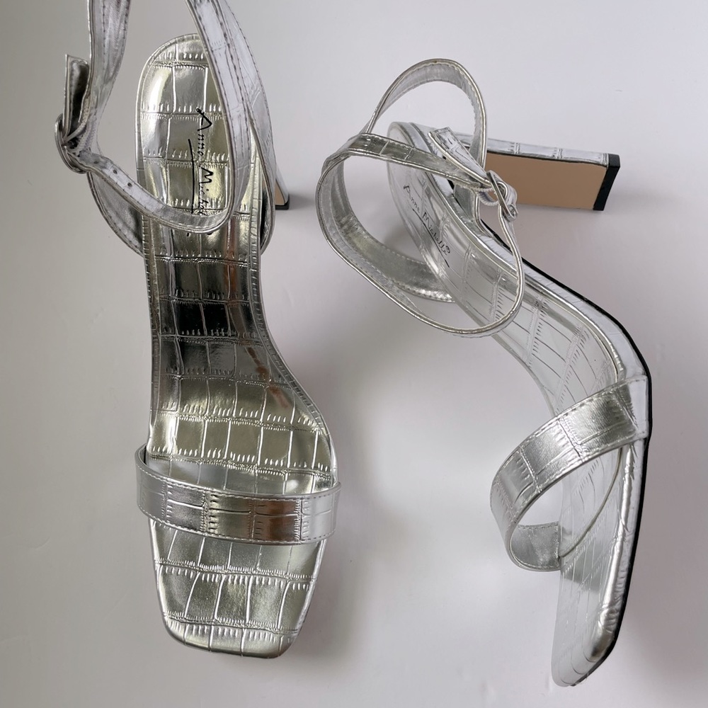 Square toe croc embossed heeled sandals